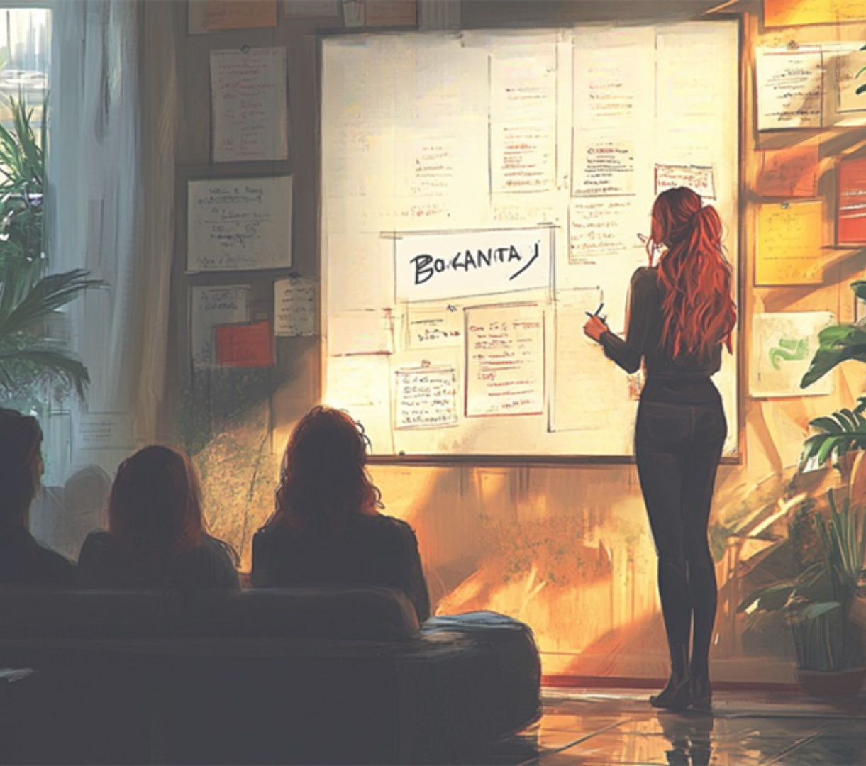 Une formatrice écrit au tableau devant trois participants, le mot Bokantaj affiché, illustration
