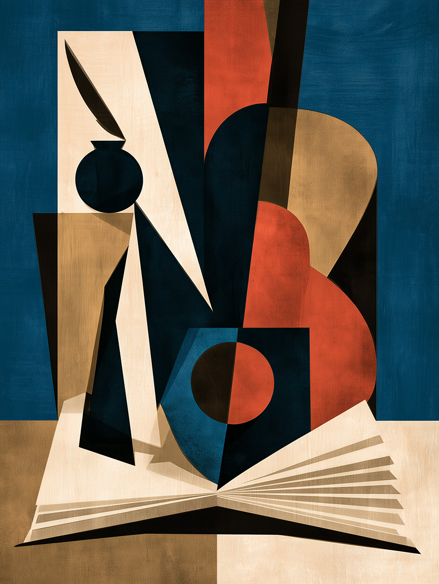 Encrier, plume et livre ouvert, illustration cubiste en bleu nuit, terre et papier